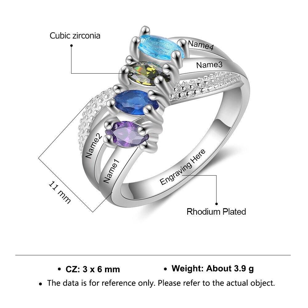 Personalized Solid Family Ring With 4 Birthstones, Custom 4 Name And 1 Inner Engraving Option With The Ring - Personalized Jewel
