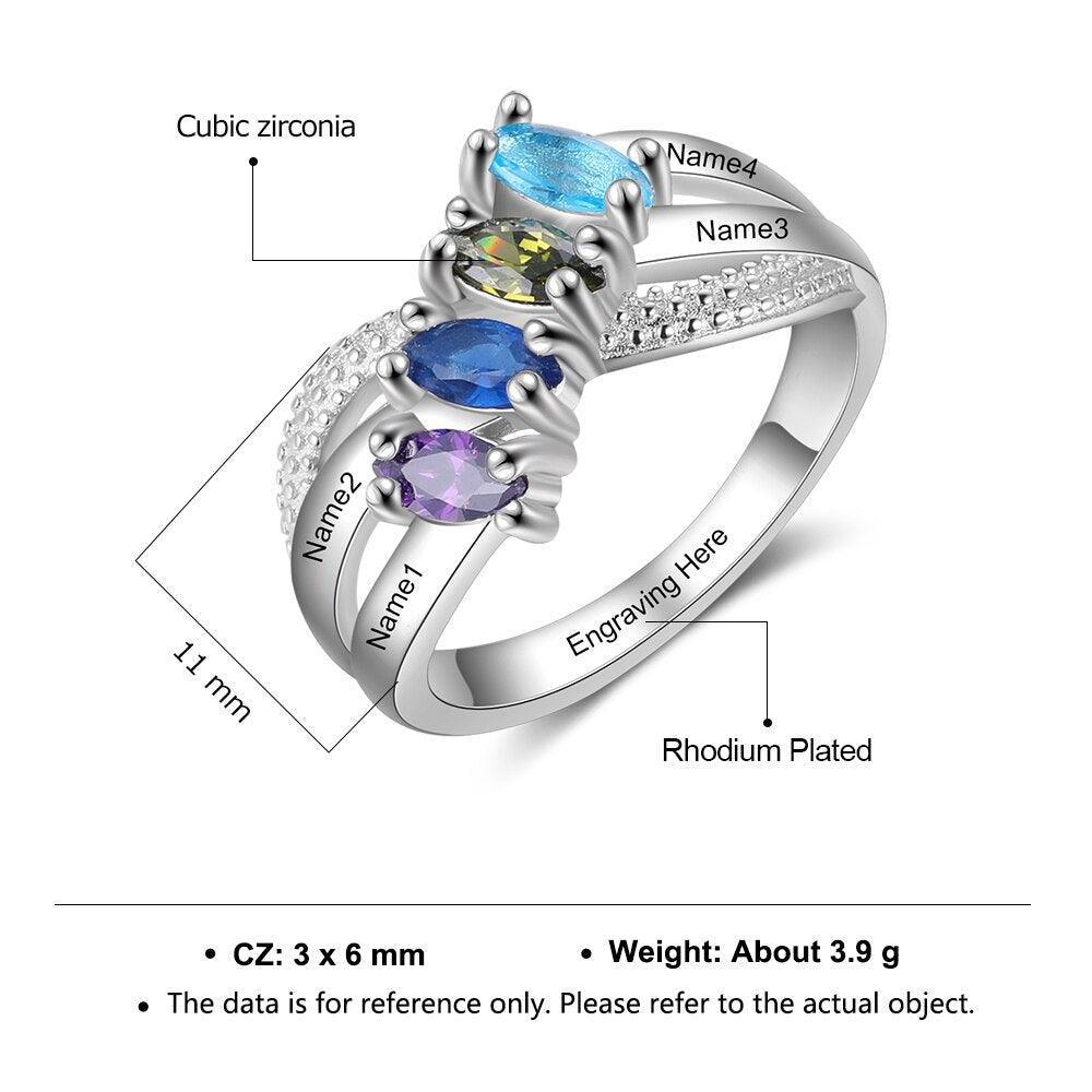 Personalized Solid Family Ring With 4 Birthstones, Custom 4 Name And 1 Inner Engraving Option With The Ring - Personalized Jewel