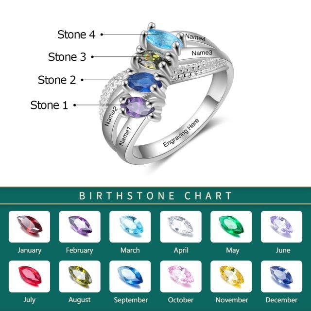 Personalized Solid Family Ring With 4 Birthstones, Custom 4 Name And 1 Inner Engraving Option With The Ring-Personalized Jewels
