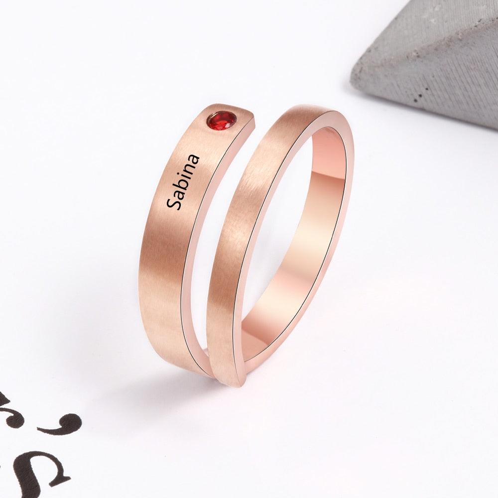 Personalized Stainless Steel Adjustable Wrap Rings For Women – Engrave Name And Customize Birthstone, 3 Color Options - Personalized Jewel