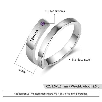 Personalized Stainless Steel Adjustable Wrap Rings For Women – Engrave Name And Customize Birthstone, 3 Color Options - Personalized Jewel