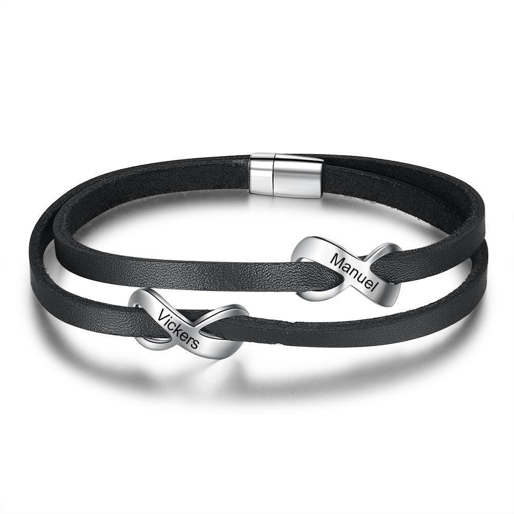 Personalized Stainless Steel Black Leather Engraved Name Double Infinity Bracelet Gift For Fathers - Personalized Jewel