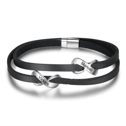 Personalized Stainless Steel Black Leather Engraved Name Double Infinity Bracelet Gift For Fathers - Personalized Jewel