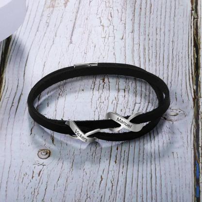 Personalized Stainless Steel Black Leather Engraved Name Double Infinity Bracelet Gift For Fathers - Personalized Jewel