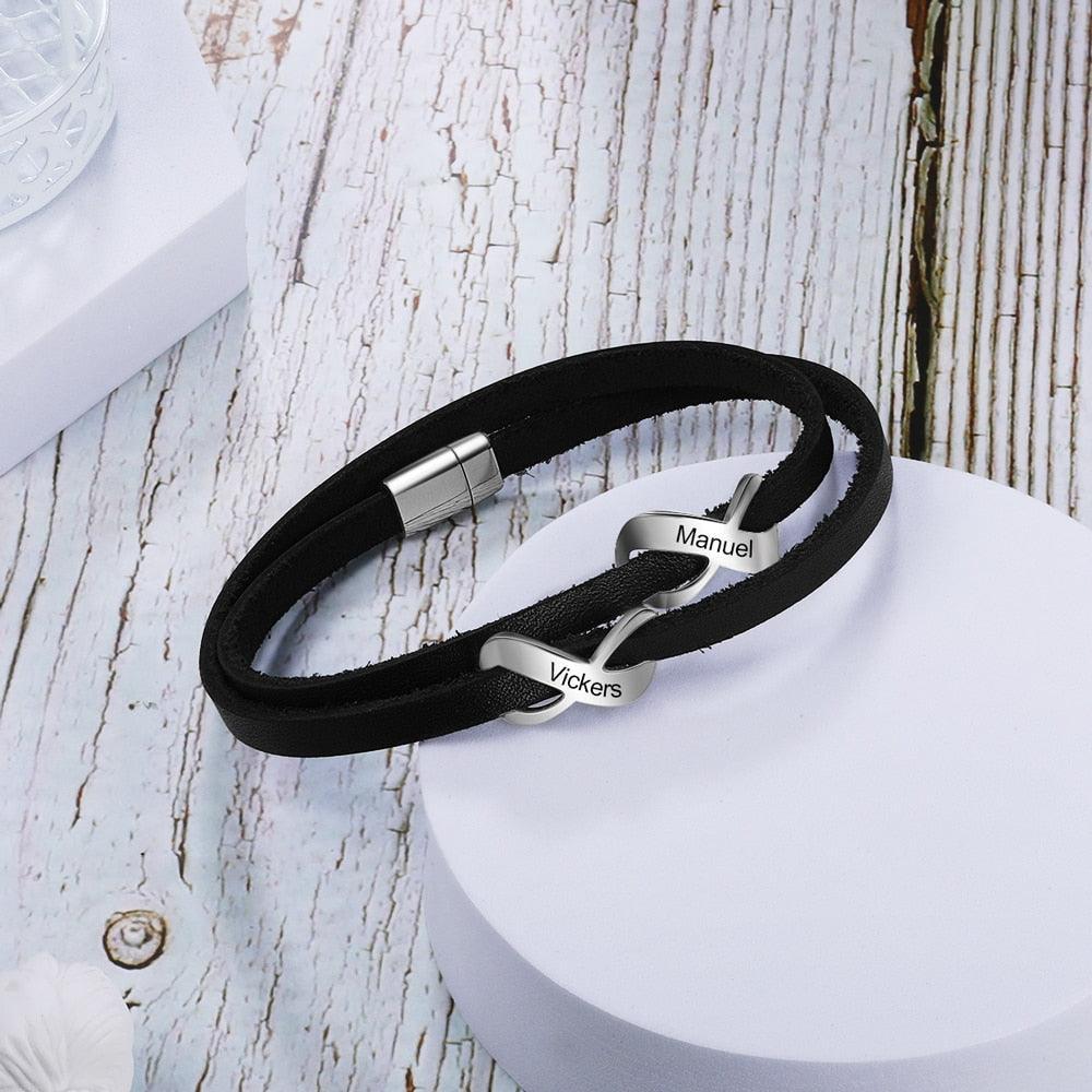 Personalized Stainless Steel Black Leather Engraved Name Double Infinity Bracelet Gift For Fathers-Personalized Jewels