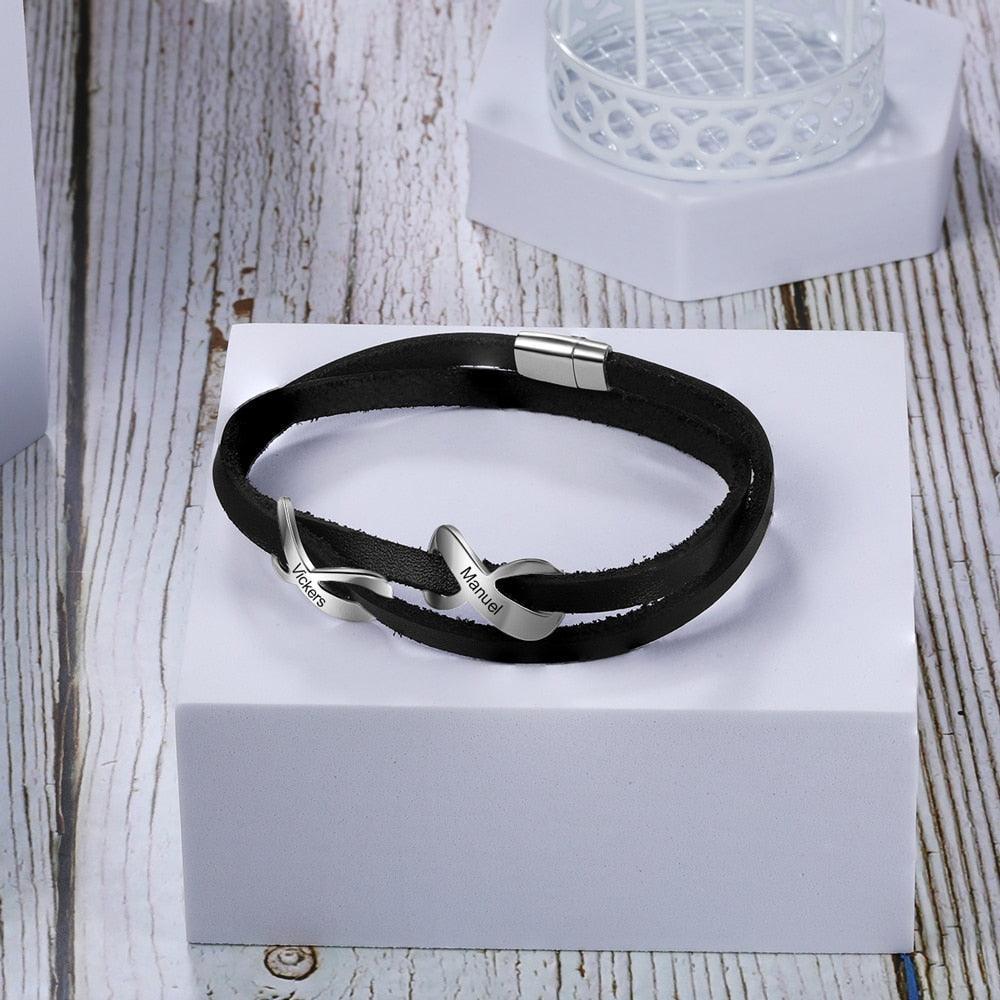Personalized Stainless Steel Black Leather Engraved Name Double Infinity Bracelet Gift For Fathers-Personalized Jewels