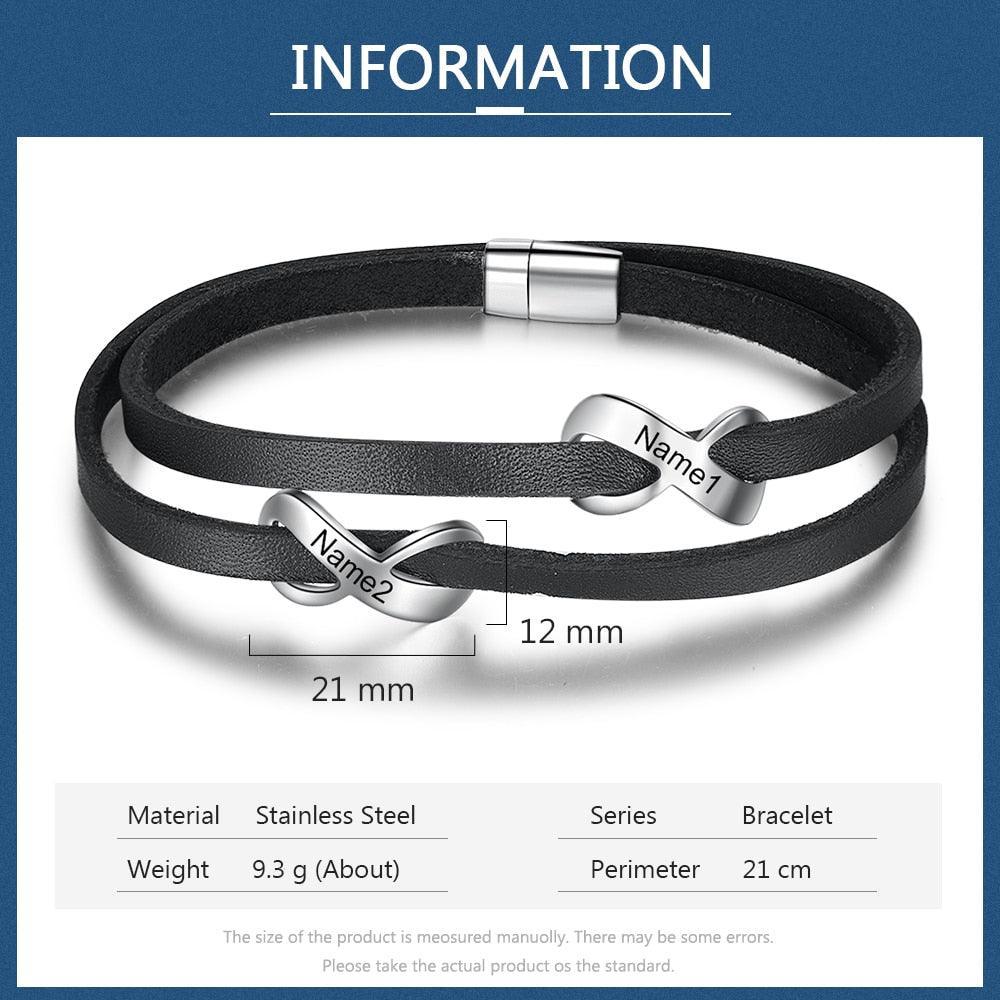 Personalized Stainless Steel Black Leather Engraved Name Double Infinity Bracelet Gift For Fathers-Personalized Jewels