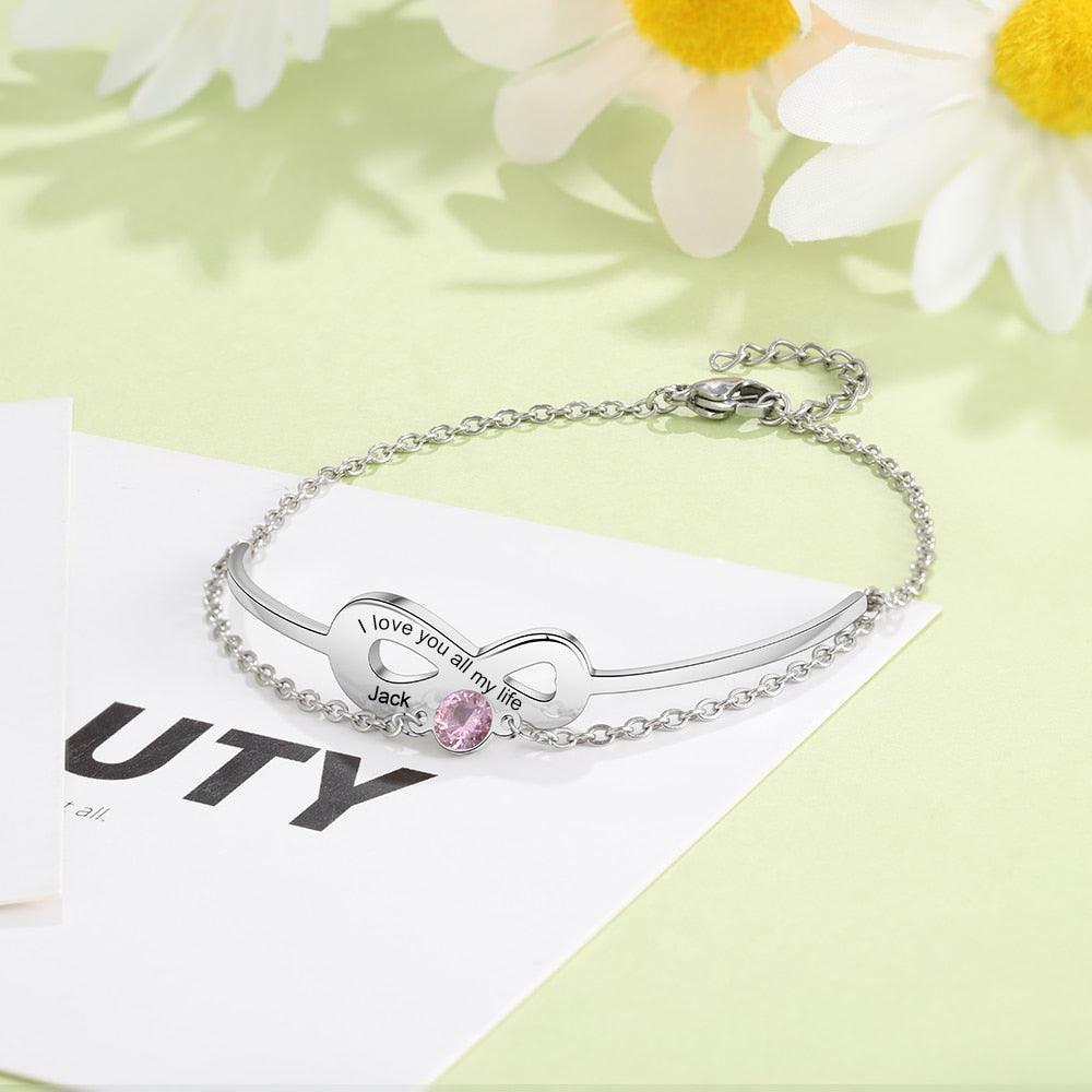 Personalized Stainless Steel Bracelet For Women Birthstone Engraved Bracelet For Women - Personalized Jewel