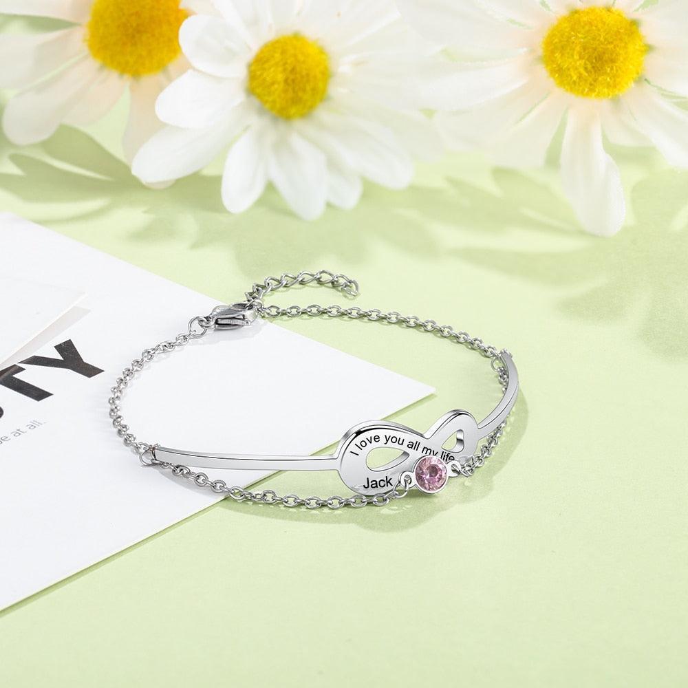 Personalized Stainless Steel Bracelet For Women Birthstone Engraved Bracelet For Women - Personalized Jewel