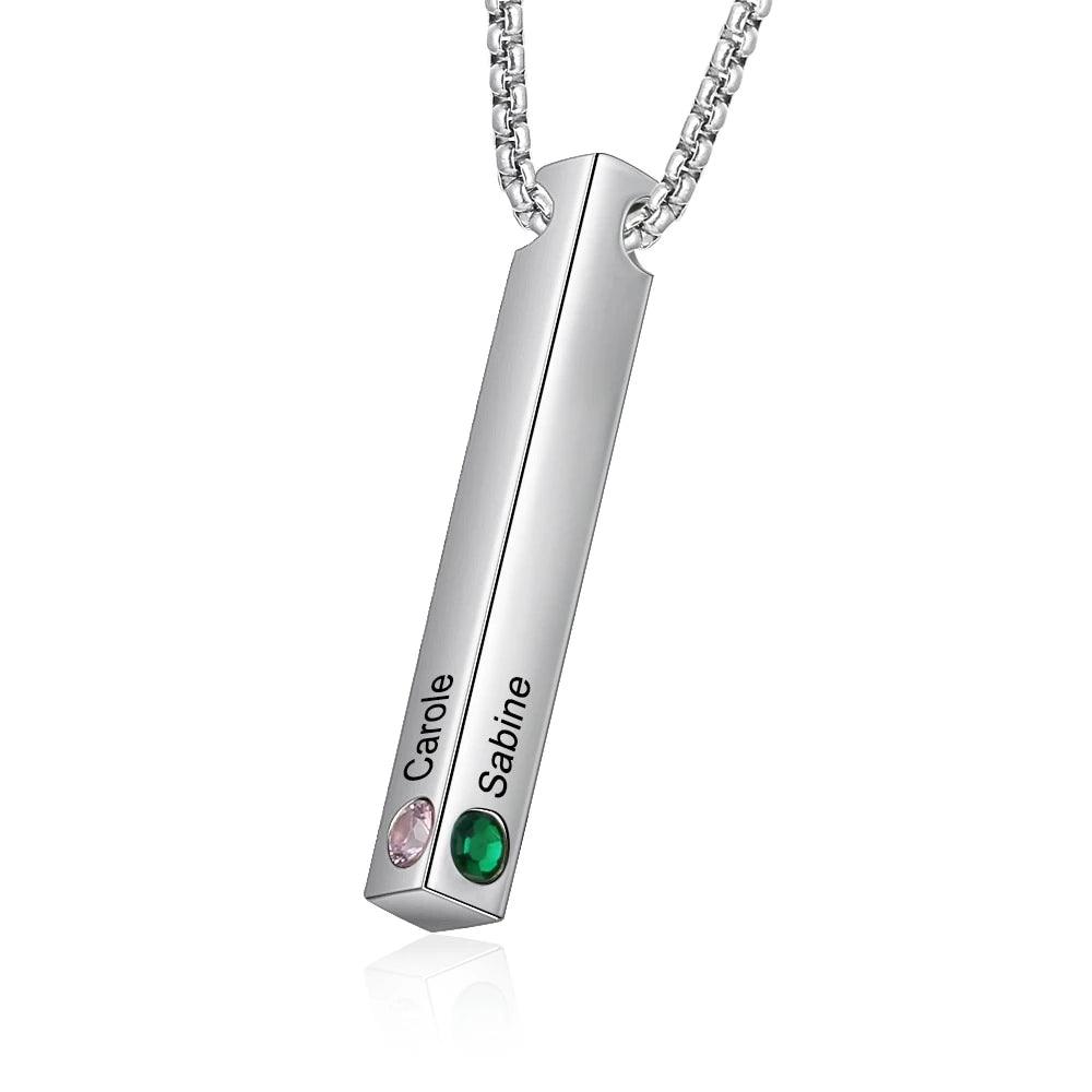 Personalized Stainless Steel Custom Name Bar Necklace, Engrave Name And Custom 4 Sides Birthstone Vertical Bar Pendant - Personalized Jewel