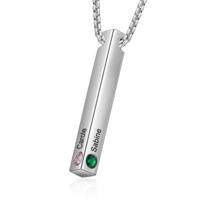 Personalized Stainless Steel Custom Name Bar Necklace, Engrave Name And Custom 4 Sides Birthstone Vertical Bar Pendant - Personalized Jewel
