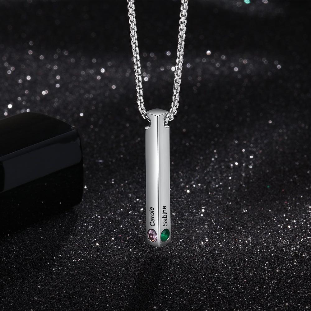 Personalized Stainless Steel Custom Name Bar Necklace, Engrave Name And Custom 4 Sides Birthstone Vertical Bar Pendant - Personalized Jewel