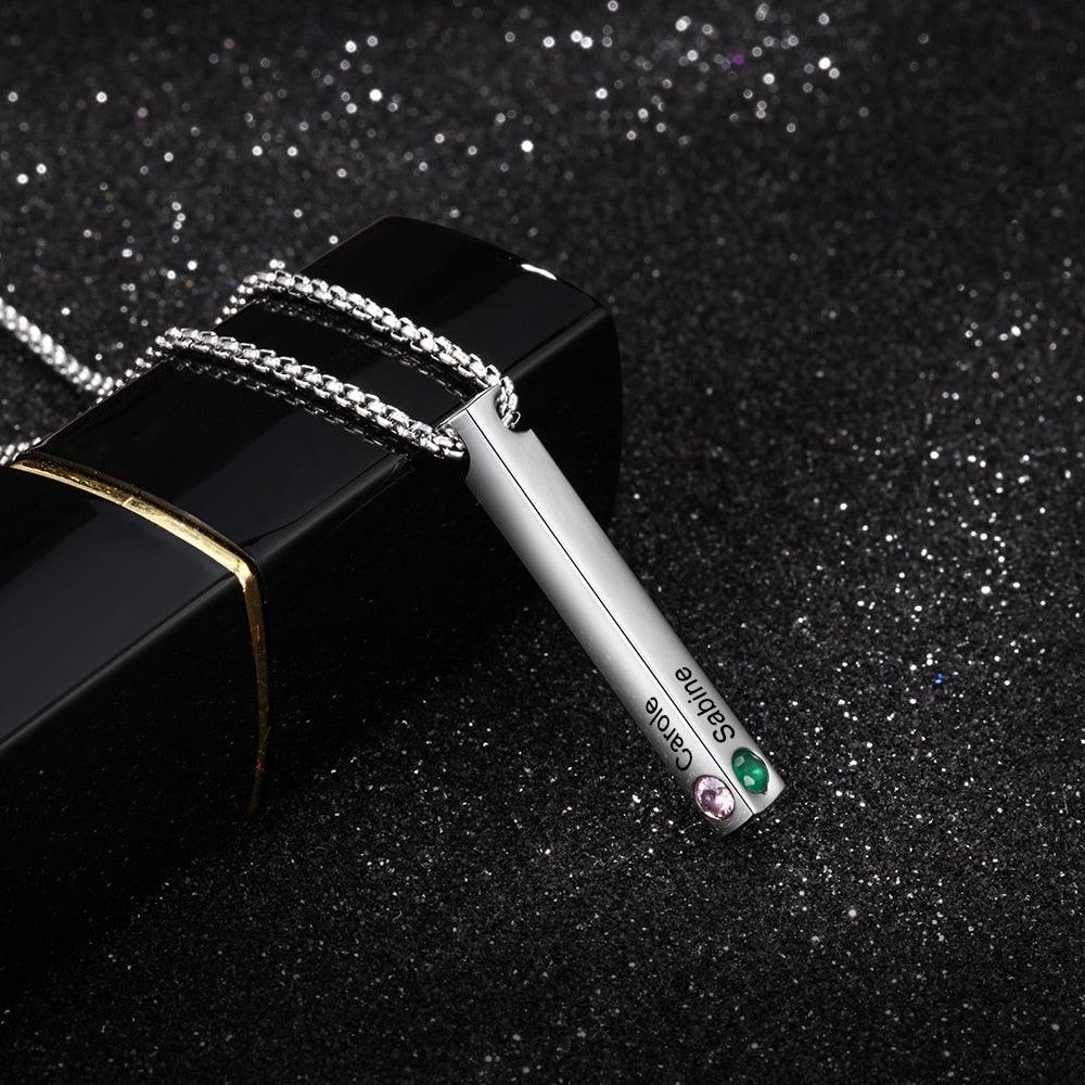 Personalized Stainless Steel Custom Name Bar Necklace, Engrave Name And Custom 4 Sides Birthstone Vertical Bar Pendant - Personalized Jewel