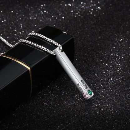 Personalized Stainless Steel Custom Name Bar Necklace, Engrave Name And Custom 4 Sides Birthstone Vertical Bar Pendant - Personalized Jewel