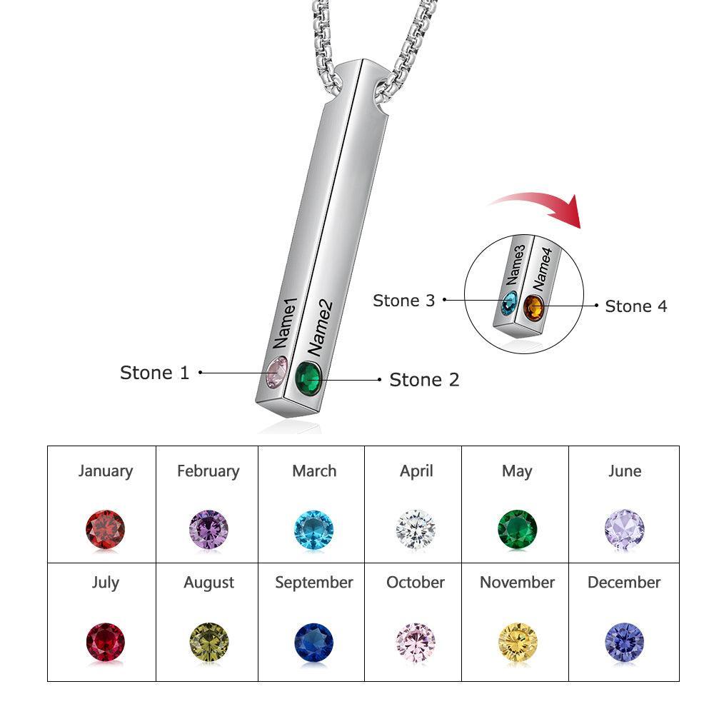 Personalized Stainless Steel Custom Name Bar Necklace, Engrave Name And Custom 4 Sides Birthstone Vertical Bar Pendant - Personalized Jewel