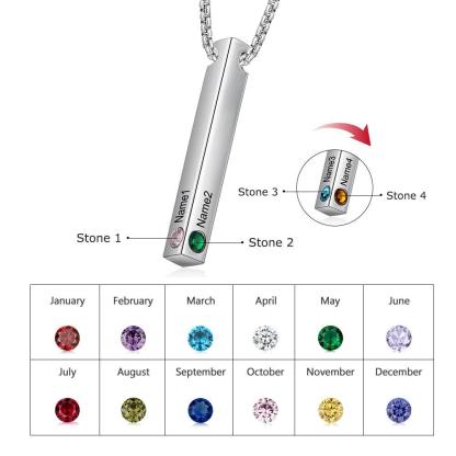 Personalized Stainless Steel Custom Name Bar Necklace, Engrave Name And Custom 4 Sides Birthstone Vertical Bar Pendant - Personalized Jewel