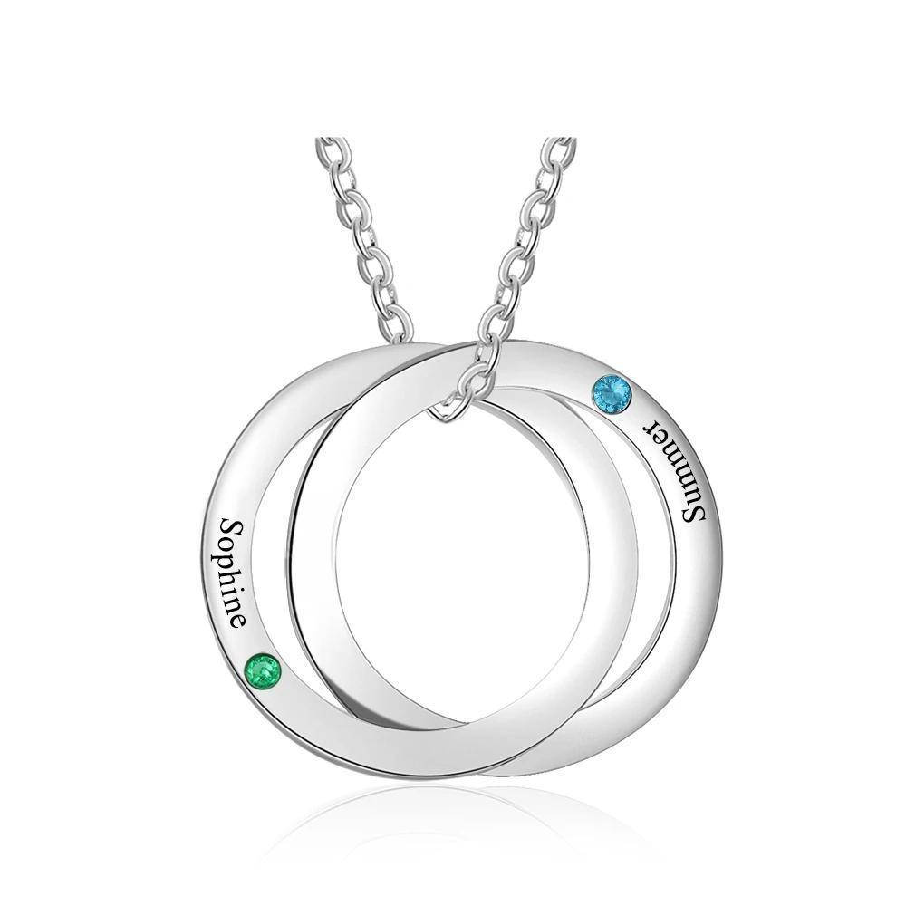 Personalized Stainless Steel Double Circles Necklace with Custom Name Engraved & Birthstone Pendant, Couple Gift Necklace - Personalized Jewel