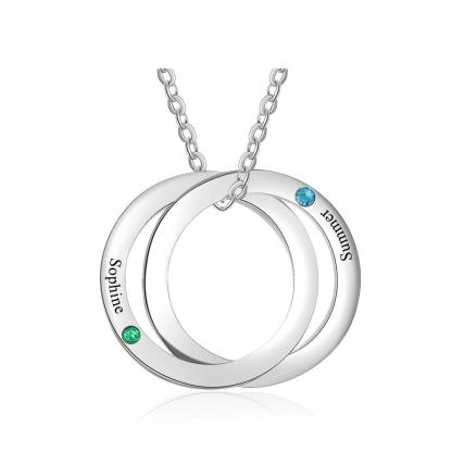 Personalized Stainless Steel Double Circles Necklace with Custom Name Engraved & Birthstone Pendant, Couple Gift Necklace - Personalized Jewel