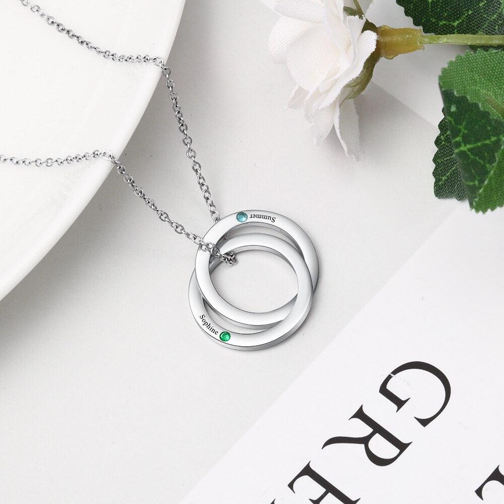 Personalized Stainless Steel Double Circles Necklace with Custom Name Engraved & Birthstone Pendant, Couple Gift Necklace - Personalized Jewel