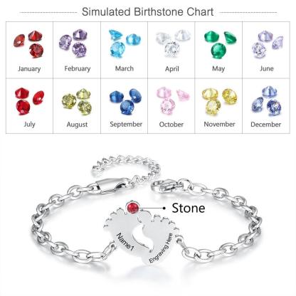 Personalized Stainless Steel Engraving Name & Date Baby Feet Charm Birthstone Bracelet Gifts for Mother - The Perfect New Mom Gift, or Baby Gift - Trendy Customizing Bracelet for Women - Personalized Jewel