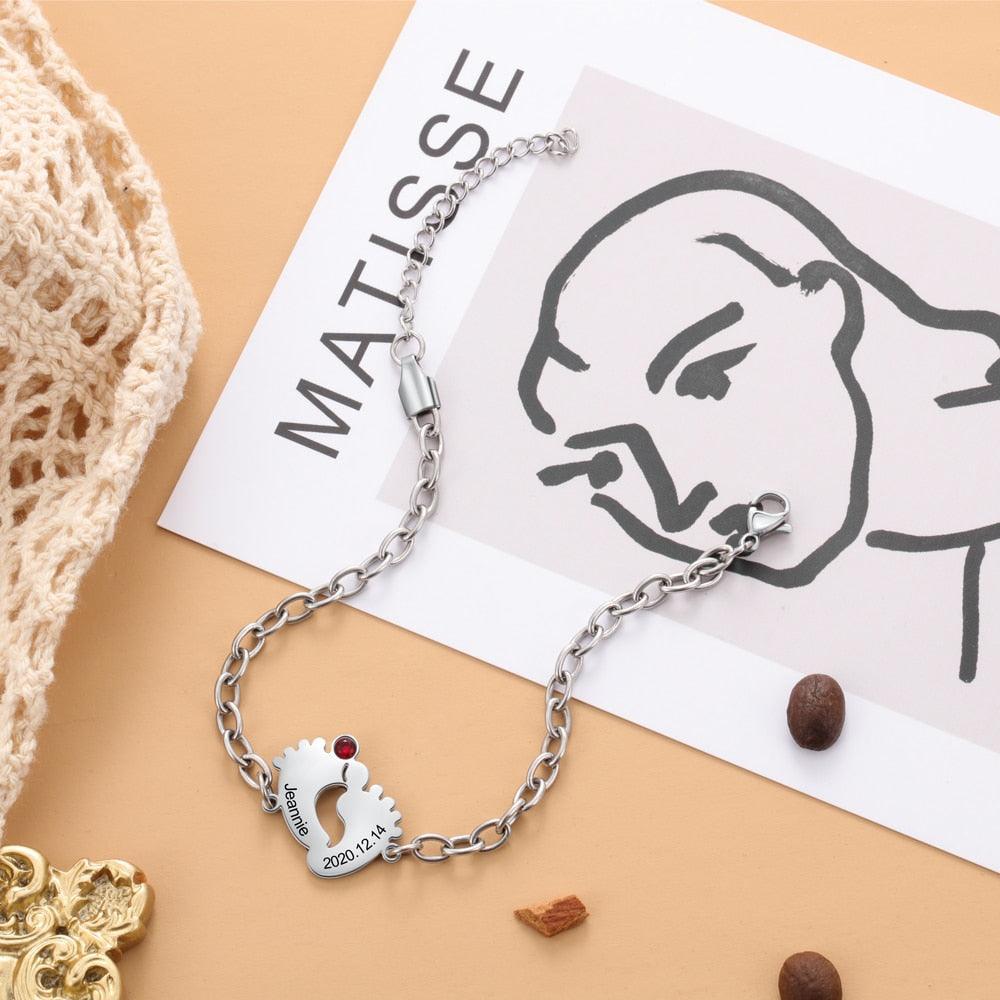 Personalized Stainless Steel Engraving Name & Date Baby Feet Charm Birthstone Bracelet Gifts for Mother - The Perfect New Mom Gift, or Baby Gift - Trendy Customizing Bracelet for Women - Personalized Jewel