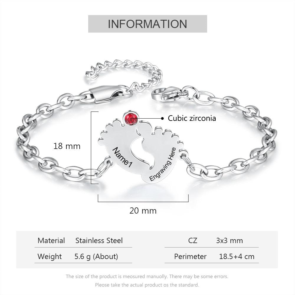 Personalized Stainless Steel Engraving Name & Date Baby Feet Charm Birthstone Bracelet Gifts for Mother - The Perfect New Mom Gift, or Baby Gift - Trendy Customizing Bracelet for Women - Personalized Jewel