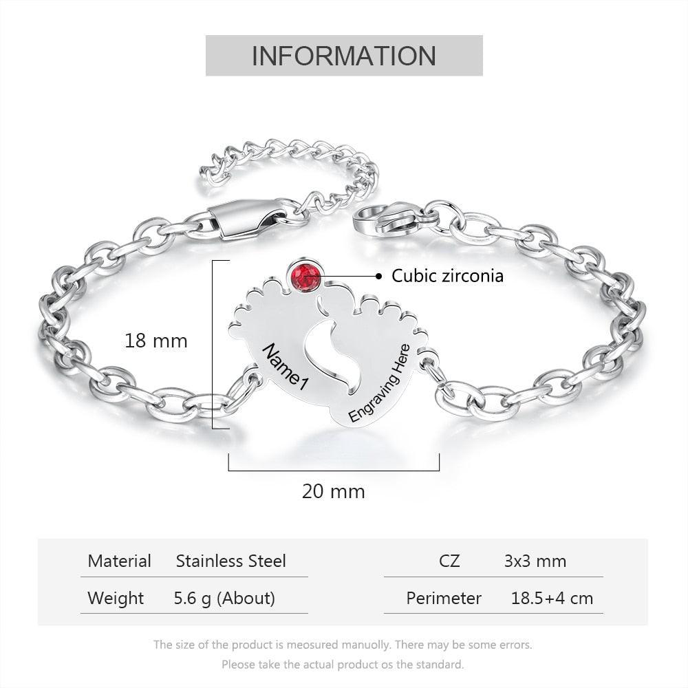Personalized Stainless Steel Engraving Name & Date Baby Feet Charm Birthstone Bracelet Gifts for Mother - The Perfect New Mom Gift, or Baby Gift - Trendy Customizing Bracelet for Women - Personalized Jewel