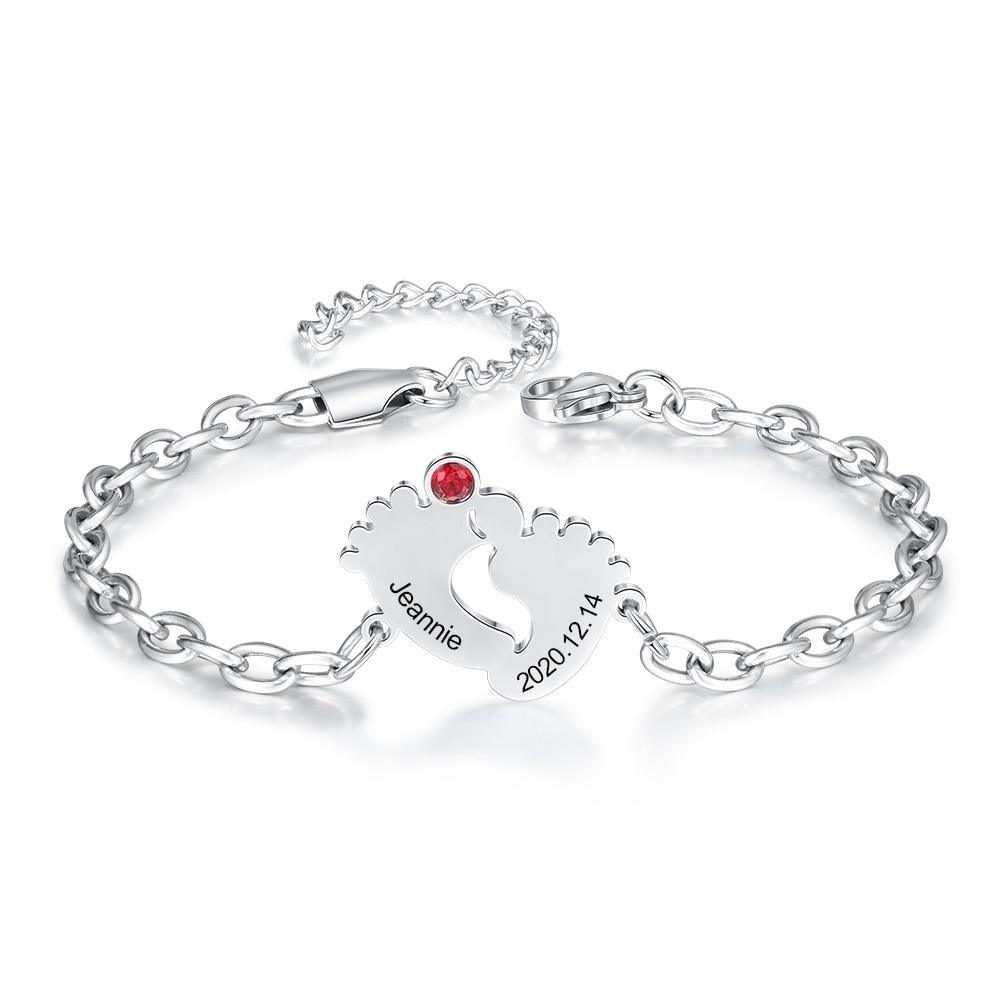 Personalized Stainless Steel Engraving Name & Date Baby Feet Charm Birthstone Bracelet Gifts for Mother - The Perfect New Mom Gift, or Baby Gift - Trendy Customizing Bracelet for Women - Personalized Jewel