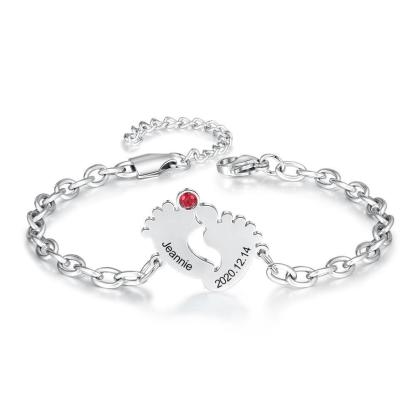 Personalized Stainless Steel Engraving Name & Date Baby Feet Charm Birthstone Bracelet Gifts for Mother - The Perfect New Mom Gift, or Baby Gift - Trendy Customizing Bracelet for Women - Personalized Jewel
