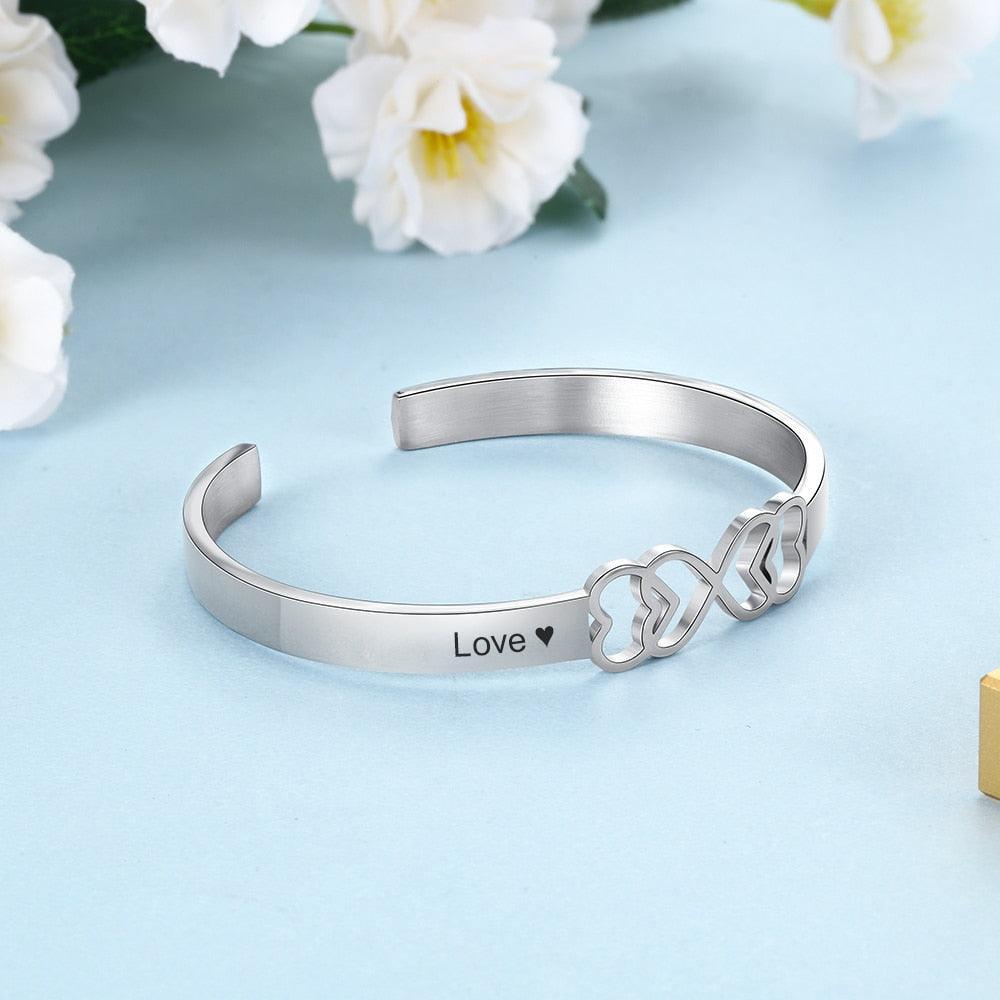 Personalized Stainless Steel Heart Cuff Bangle Bracelets with Engraved Name, Customized Bangle for Women-Personalized Jewels