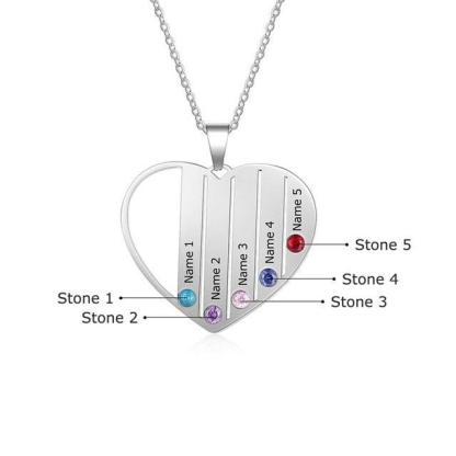 Personalized Stainless Steel Jewelry - Heart-Shaped Pendant - Engrave Five Custom Names & Add Birthstones - Three Metal Color - Customized Gifts - Personalized Jewel