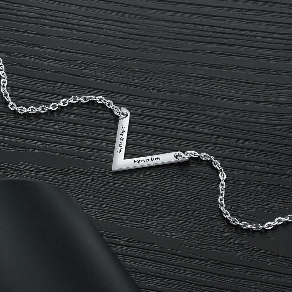 Personalized Stainless Steel Jewelry Necklace with V-shaped Engrave Name Pendant, Gift for Women - Personalized Jewel