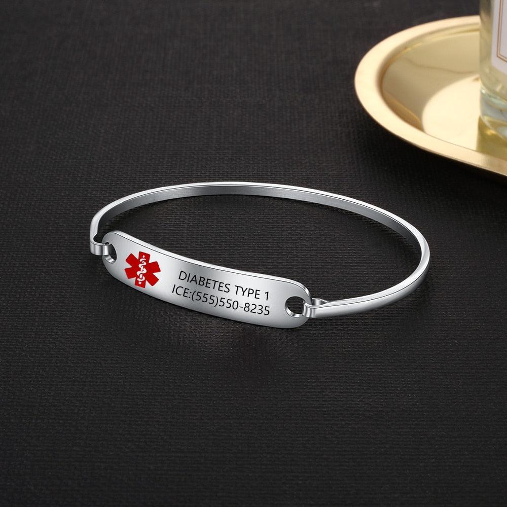 Personalized Stainless Steel Medical Alert ID Bracelets for Men & Women with Name Engraving & 2 Color Options, Emergency Unisex Bangles - Personalized Jewel