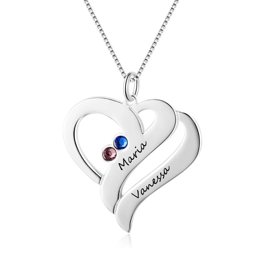 Personalized Stainless Steel Necklace - Heart Shaped Pendant - Two Custom Names & Birthstones - Customized Gifts - Personalized Jewel