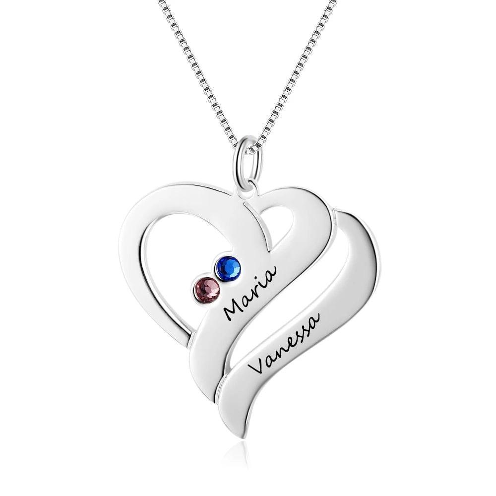 Personalized Stainless Steel Necklace - Heart Shaped Pendant - Two Custom Names & Birthstones - Customized Gifts - Personalized Jewel