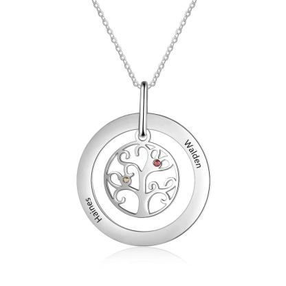 Personalized Stainless Steel Necklace with Customized 2 Birthstone Tree of Life Pendant, Gift for Mother - Personalized Jewel