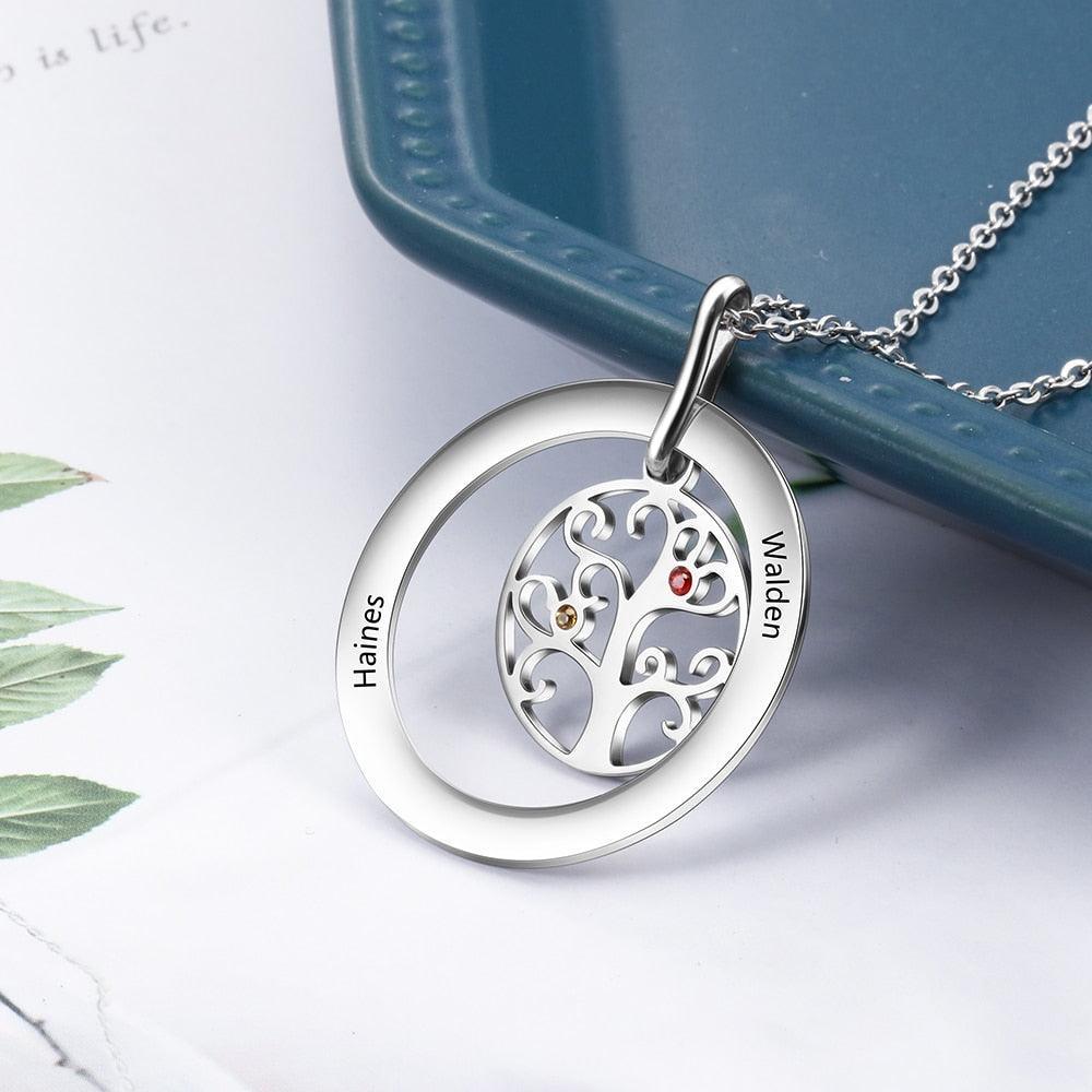 Personalized Stainless Steel Necklace with Customized 2 Birthstone Tree of Life Pendant, Gift for Mother - Personalized Jewel