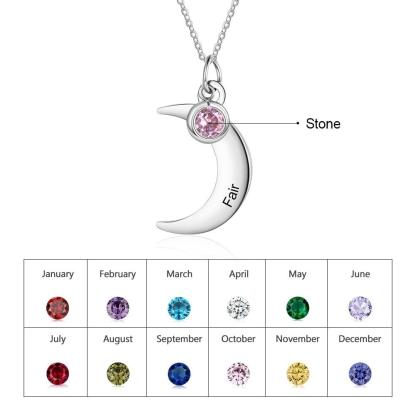 Personalized Stainless Steel Necklace with Customized Name & Moon Birthstone Pendant, Classic Women’s Party Jewelry - Personalized Jewel