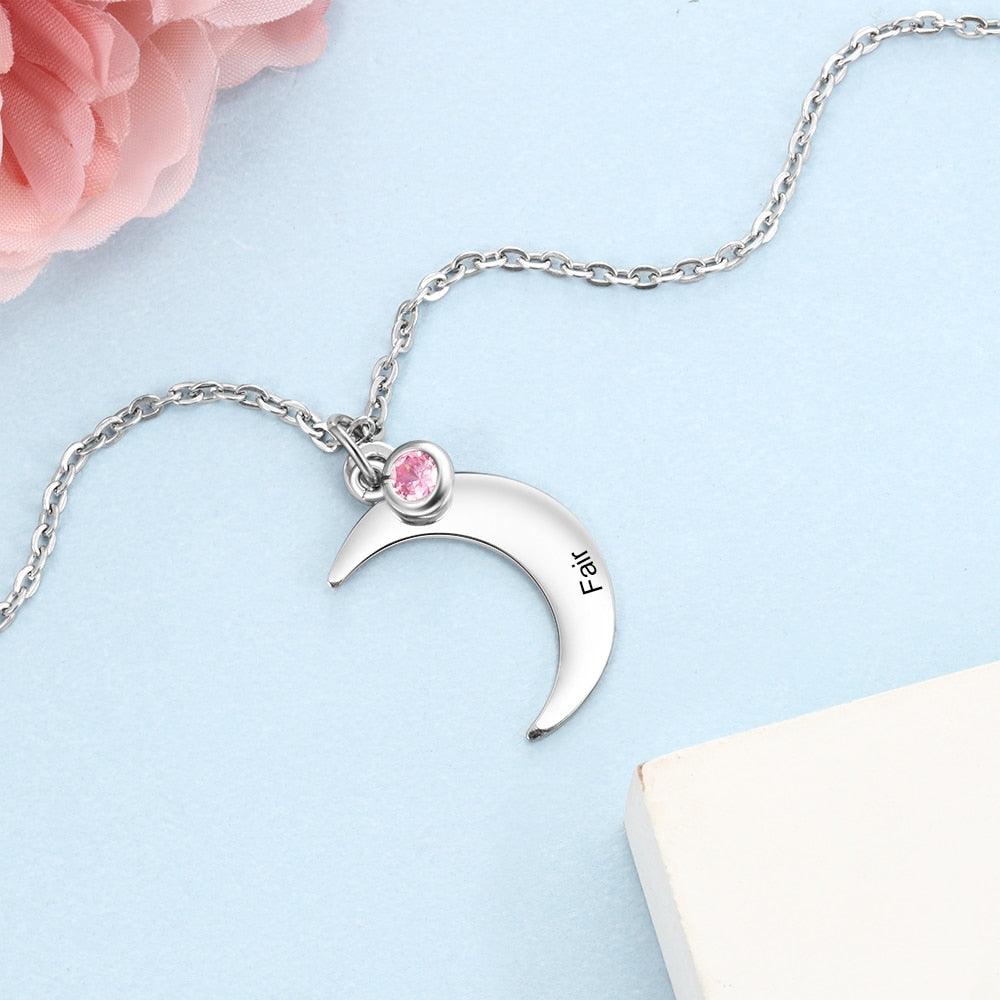 Personalized Stainless Steel Necklace with Customized Name & Moon Birthstone Pendant, Classic Women’s Party Jewelry - Personalized Jewel