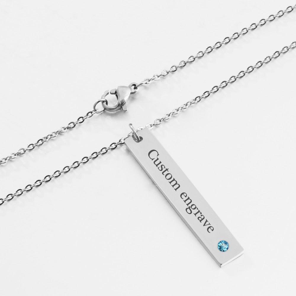 Personalized Stainless Steel Necklace with Engrave Name Bar & Birthstone Pendant - Personalized Jewel