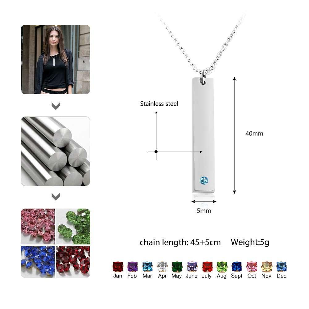 Personalized Stainless Steel Necklace with Engrave Name Bar & Birthstone Pendant - Personalized Jewel