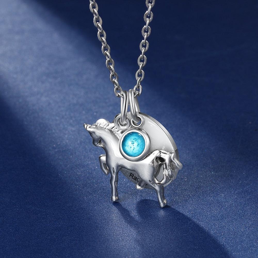 Personalized Stainless Steel Pendant Necklace - One Engraved Custom Name - One Custom Birthstone - Round Metal & Horse Pendant - Gift for Women - Personalized Jewel