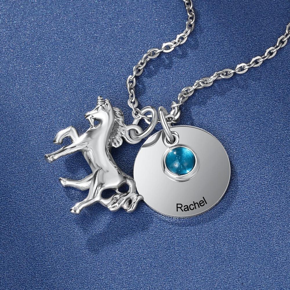 Personalized Stainless Steel Pendant Necklace - One Engraved Custom Name - One Custom Birthstone - Round Metal & Horse Pendant - Gift for Women - Personalized Jewel