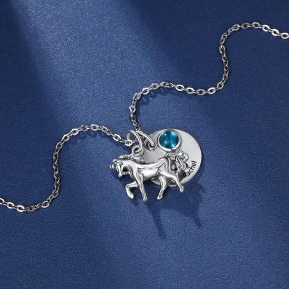 Personalized Stainless Steel Pendant Necklace - One Engraved Custom Name - One Custom Birthstone - Round Metal & Horse Pendant - Gift for Women - Personalized Jewel
