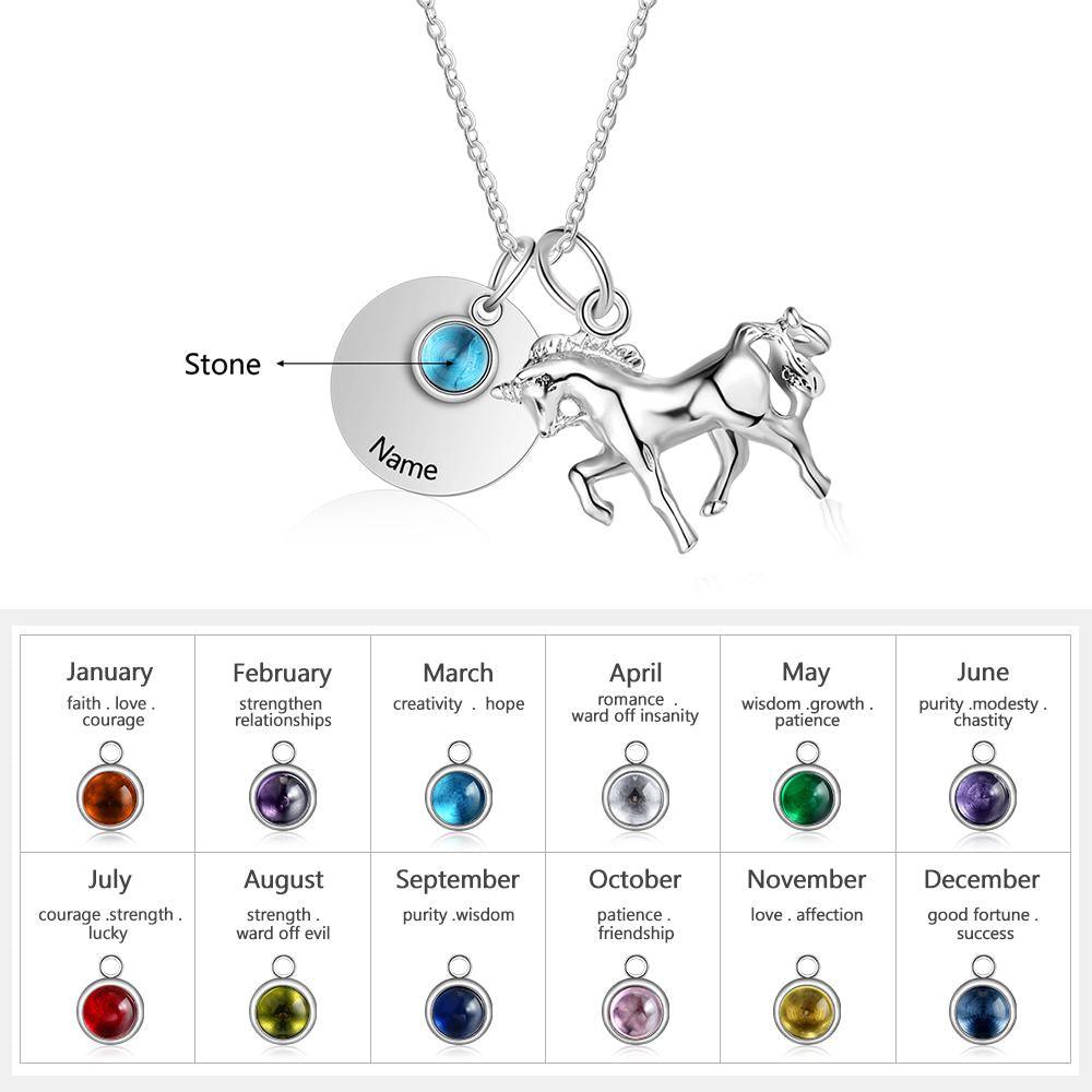 Personalized Stainless Steel Pendant Necklace - One Engraved Custom Name - One Custom Birthstone - Round Metal & Horse Pendant - Gift for Women - Personalized Jewel