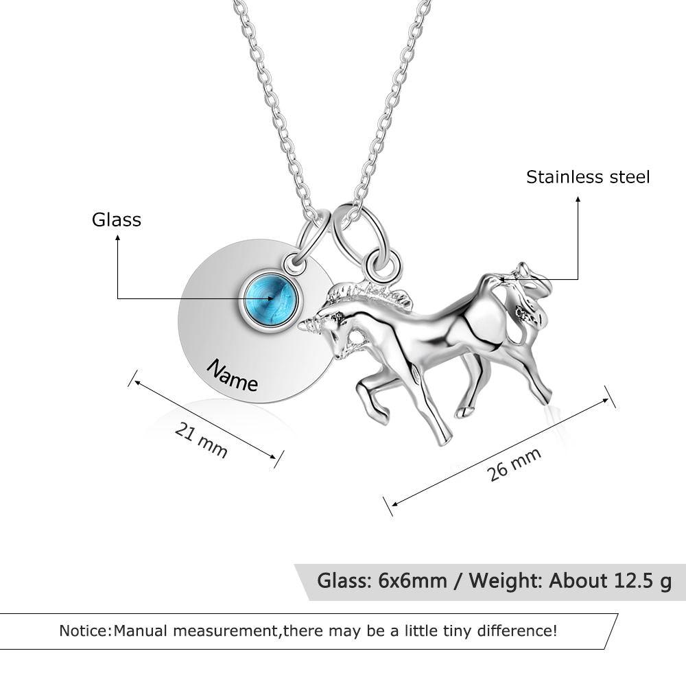 Personalized Stainless Steel Pendant Necklace - One Engraved Custom Name - One Custom Birthstone - Round Metal & Horse Pendant - Gift for Women - Personalized Jewel