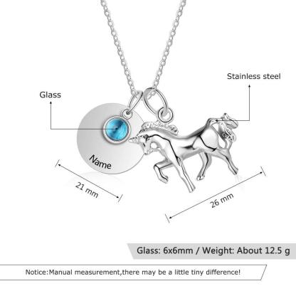 Personalized Stainless Steel Pendant Necklace - One Engraved Custom Name - One Custom Birthstone - Round Metal & Horse Pendant - Gift for Women - Personalized Jewel
