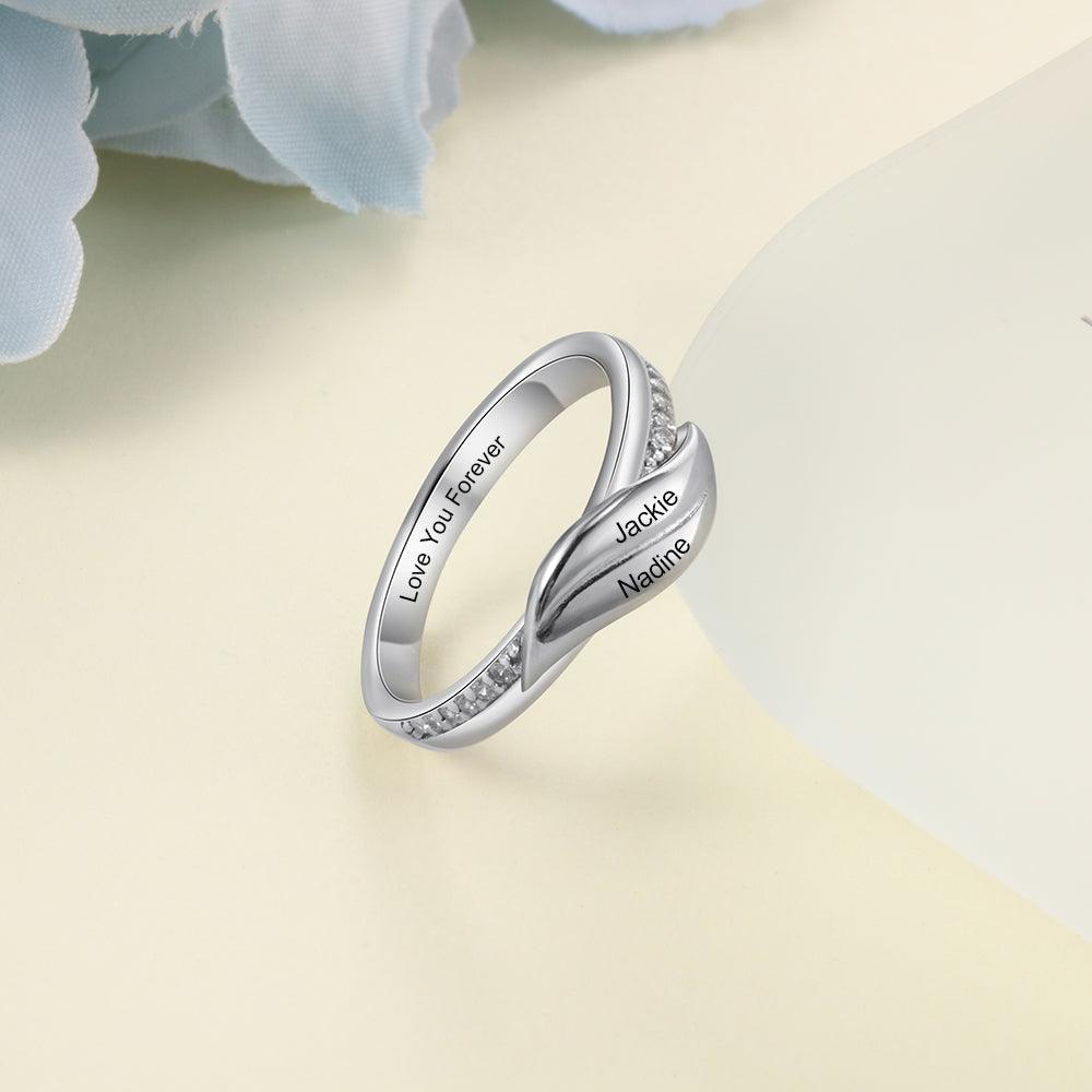 Personalized Stainless-Steel Rings for Women – Engrave 2 Names – Geometric Shape Ring with Zirconia Stones – Trendy Wedding Jewelry  - Personalized Jewel