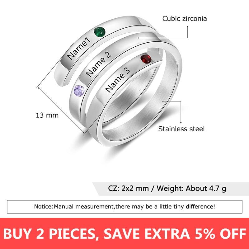 Personalized Stainless Steel Rings for Women - Four Custom Names - Four Custom Birthstones - Personalized Jewel