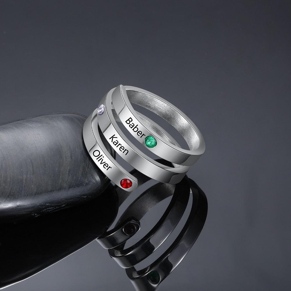 Personalized Stainless Steel Rings for Women - Four Custom Names - Four Custom Birthstones - Personalized Jewel